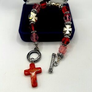 Y2K Orange Cross Faceted Bead Stretch Bracelet  Silver, Red Pink​​​​​​​​​